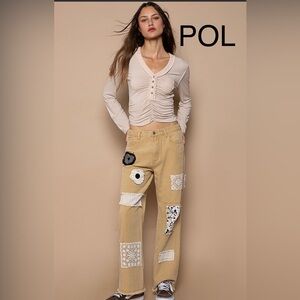 POL Tan and White Straight Leg Pants with Playful Patches